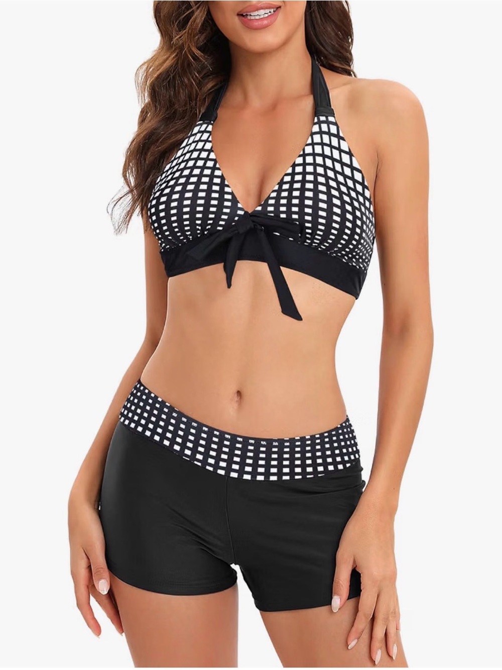 Black & White Check Halter Bikini Top with Black Swim Shorts